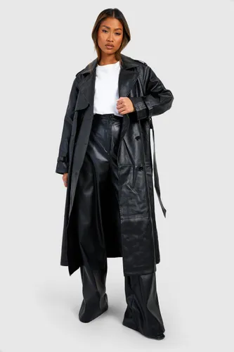Womens Double Breast Faux Leather Maxi Trench Coat - Black - 10, Black