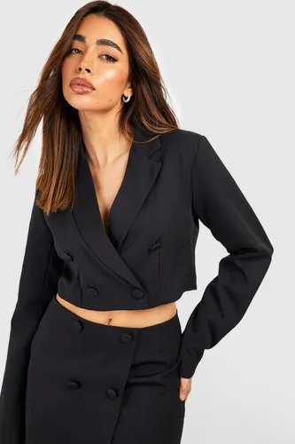 Womens Double Breasted Cropped Tailored Blazer - Black - 14, Black