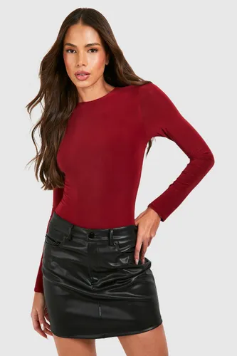 Womens Double Layer Slinky Long Sleeve Crew Neck Bodysuit - Red - 6, Red