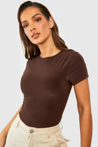 Womens Double Layer Slinky Short Sleeve Crew Neck Fitted Top - Brown - 8, Brown