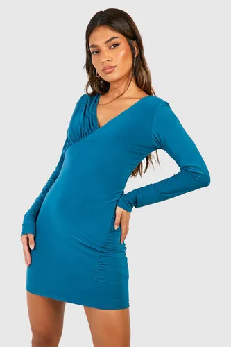 Womens Double Slinky Ruched Mini Dress - Blue - 10, Blue