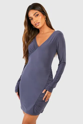 Womens Double Slinky Ruched Mini Dress - Grey - 18, Grey