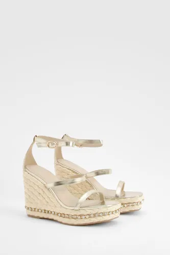 Womens Double Strap Embellished Detail Espadrille Wedges - Gold - 5, Gold