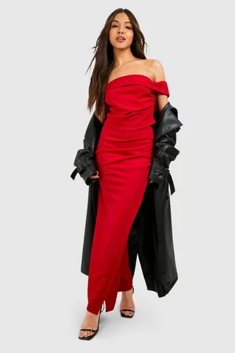 Womens Drape Bardot Top & Wrap Thigh Split Maxi Skirt - Red - 6, Red