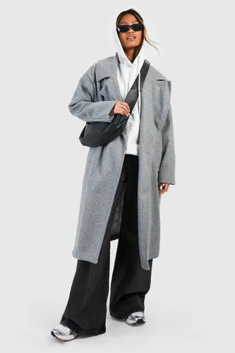 Womens Dropped Shoulder Oversized Midaxi Wool Look Coat - Grey - 14, Grey