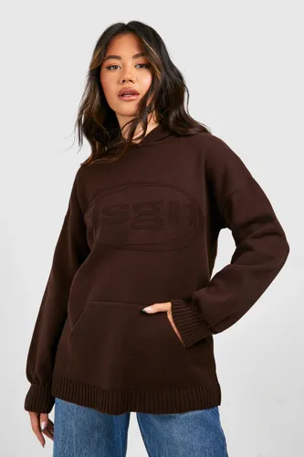 Womens Dsgn Embossed Oversized Knitted Hoodie - Brown - S, Brown