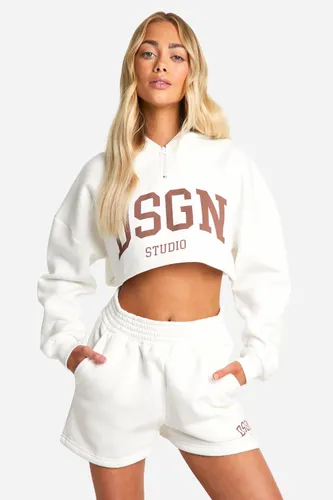 Womens Dsgn Studio Collegiate Slogan Hooded Short Tracksuit - Cream - S, Cream