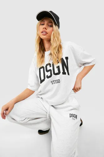 Womens Dsgn Studio Collegiate Slogan T-Shirt And Jogger Set - Grey - L, Grey