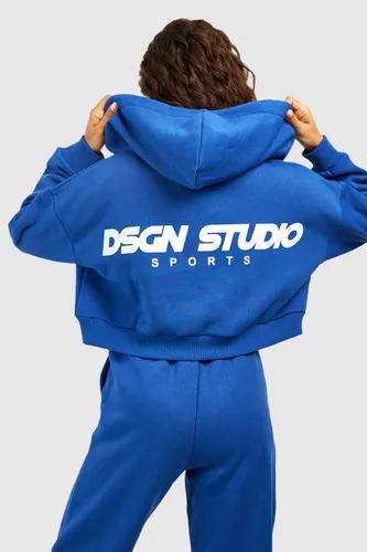 Womens Dsgn Studio Sports Boxy Crop Zip Through Hoodie - Blue - L, Blue