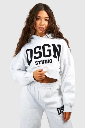 Womens Dsgn Studio Towelling Applique Cropped Hoodie - Grey - L, Grey