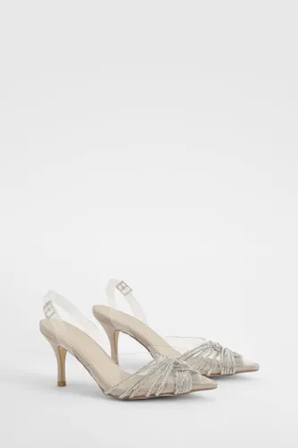 Womens Embellished Clear Slingback Court Heels - Beige - 5, Beige