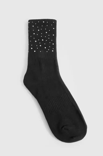 Womens Embellished Detail Crew Socks - Black - One Size, Black