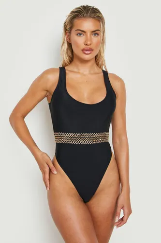 Womens Embellished Trim Scoop Swimsuit - Black - 6, Black