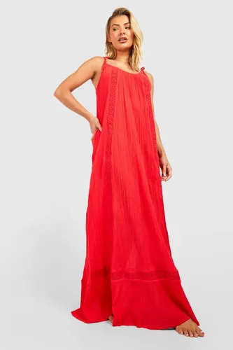 Womens Embroidered Cheesecloth Maxi Beach Dress - S, Red
