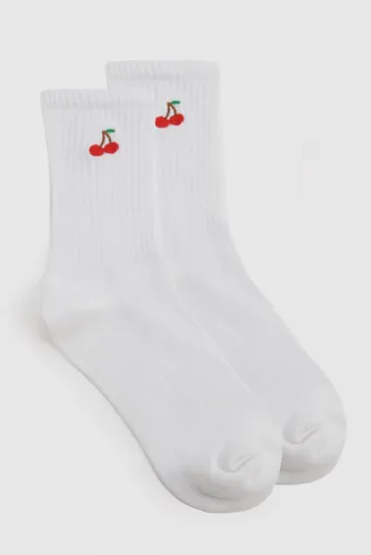 Womens Embroidered Cherry Socks - White - One Size, White