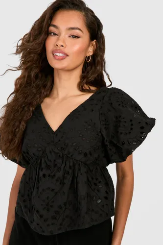 Womens Embroidery Frill Shoulder Top - Black - 6, Black