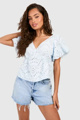 Womens Embroidery Frill Shoulder Top - Blue - 6, Blue