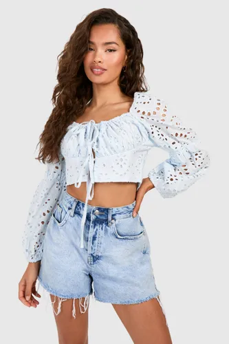 Womens Embroidery Long Sleeve Crop Top - Blue - 6, Blue
