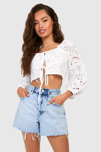 Womens Embroidery Long Sleeve Crop Top - White - 6, White