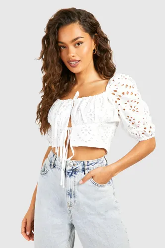 Womens Embroidery Short Sleeve Crop Top - White - 8, White
