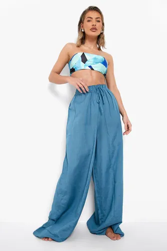 Womens Essentials Linen Look Beach Trousers - Blue - S, Blue