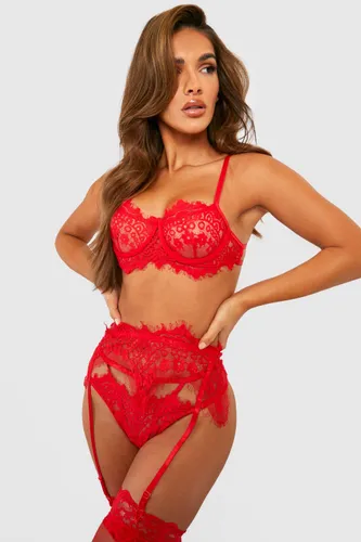 Womens Eyelash Lace Bralette Suspender And Thong Set - Red - S, Red