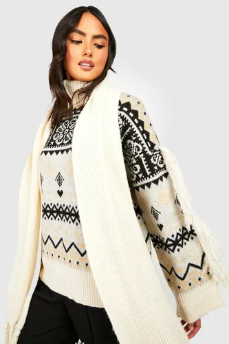 Womens Fairisle Knitted Jumper With Fringing - White - S, White
