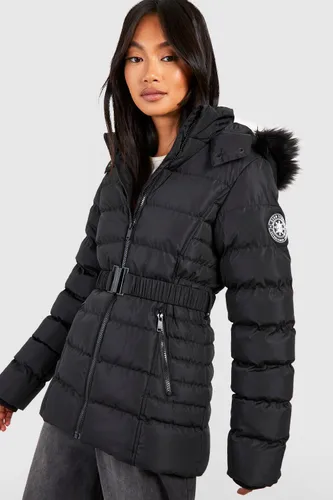 Womens Faux Fur Hooded Belted Parka Coat - Black - 10, Black