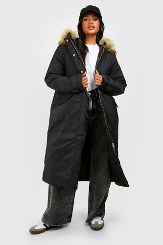 Womens Faux Fur Hooded Longline Parka - Black - 8, Black