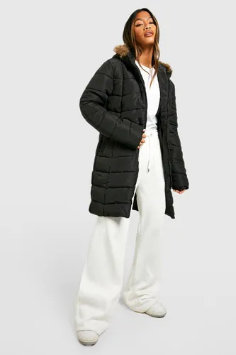 Womens Faux Fur Hooded Panelled Parka Coat - Black - 8, Black
