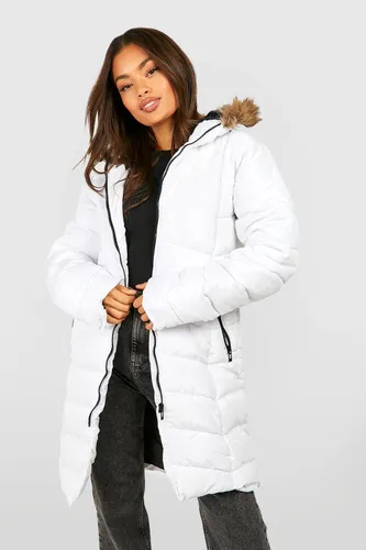 Womens Faux Fur Hooded Panelled Parka Coat - White - 10, White