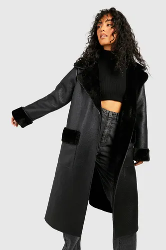 Womens Faux Fur Shawl Collar Belted Faux Leather Coat - Black - 12, Black