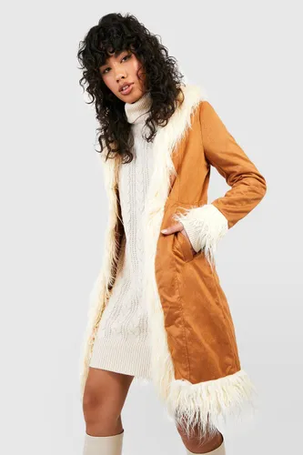 Womens Faux Fur Trim 60S Style Jacket - Brown - 8, Brown