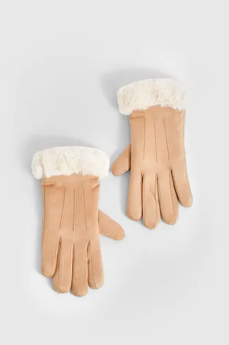 Womens Faux Fur Trim Gloves - Brown - One Size, Brown