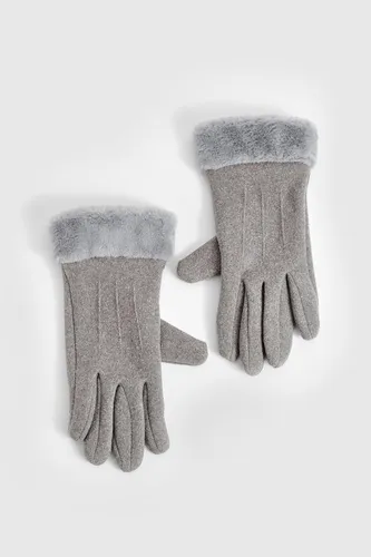 Womens Faux Fur Trim Gloves - Grey - One Size, Grey