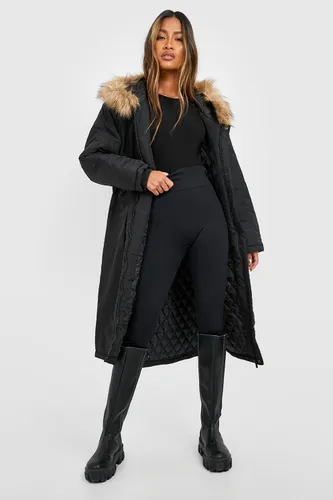 Womens Faux Fur Trim Parka Coat - Black - 8, Black