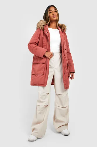 Womens Faux Fur Trim Parka Coat - Pink - 8, Pink