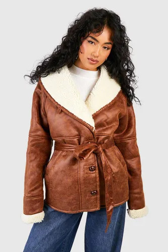 Womens Faux Leather Belted Aviator Jacket - Brown - 12, Brown