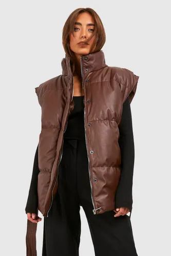 Womens Faux Leather Belted Gilet - Brown - 8, Brown