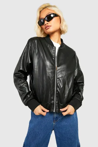 Womens Faux Leather Bomber Jacket - Black - 8, Black