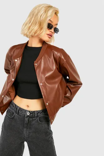 Womens Faux Leather Bomber Jacket - Brown - 8, Brown
