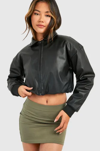 Womens Faux Leather Cropped Moto Detail Bomber Jacket - Black - 12, Black