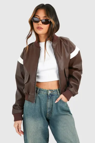 Womens Faux Leather Cropped Moto Detail Bomber Jacket - Brown - 8, Brown