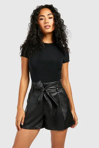 Womens Faux Leather Look Paperbag Waist Shorts - Black - 6, Black