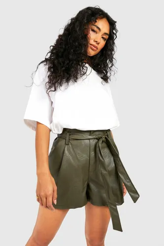 Womens Faux Leather Look Paperbag Waist Shorts - Green - 6, Green