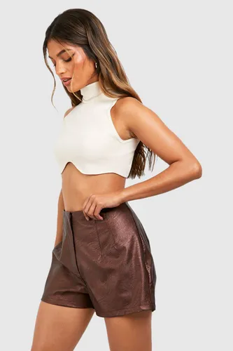 Womens Faux Leather Look Tailored High Waist Shorts - Brown - 6, Brown