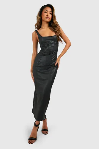 Womens Faux Leather Maxi Dress - Black - L, Black