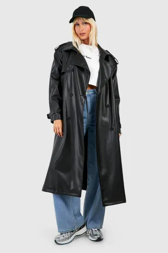 Womens Faux Leather Maxi Trench Coat - Black - 10, Black