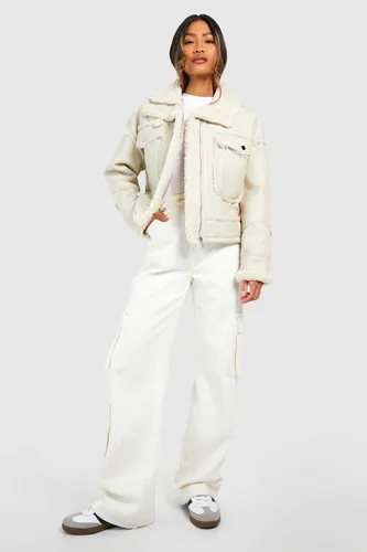 Womens Faux Leather Pocket Detail Aviator Jacket - Cream - Xl, Cream