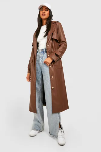 Womens Faux Leather Trench Coat - Brown - 10, Brown